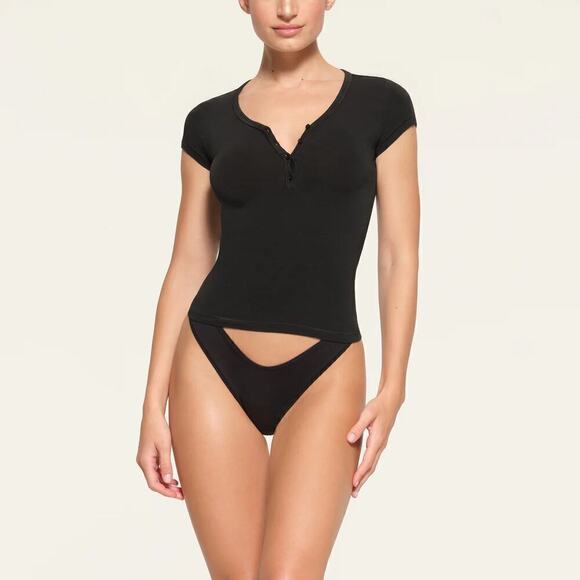 SKIMS New Vintage Henley T-Shirt Cap Sleeves Stretch Washed Onyx Black NWT 4X - Picture 1 of 7